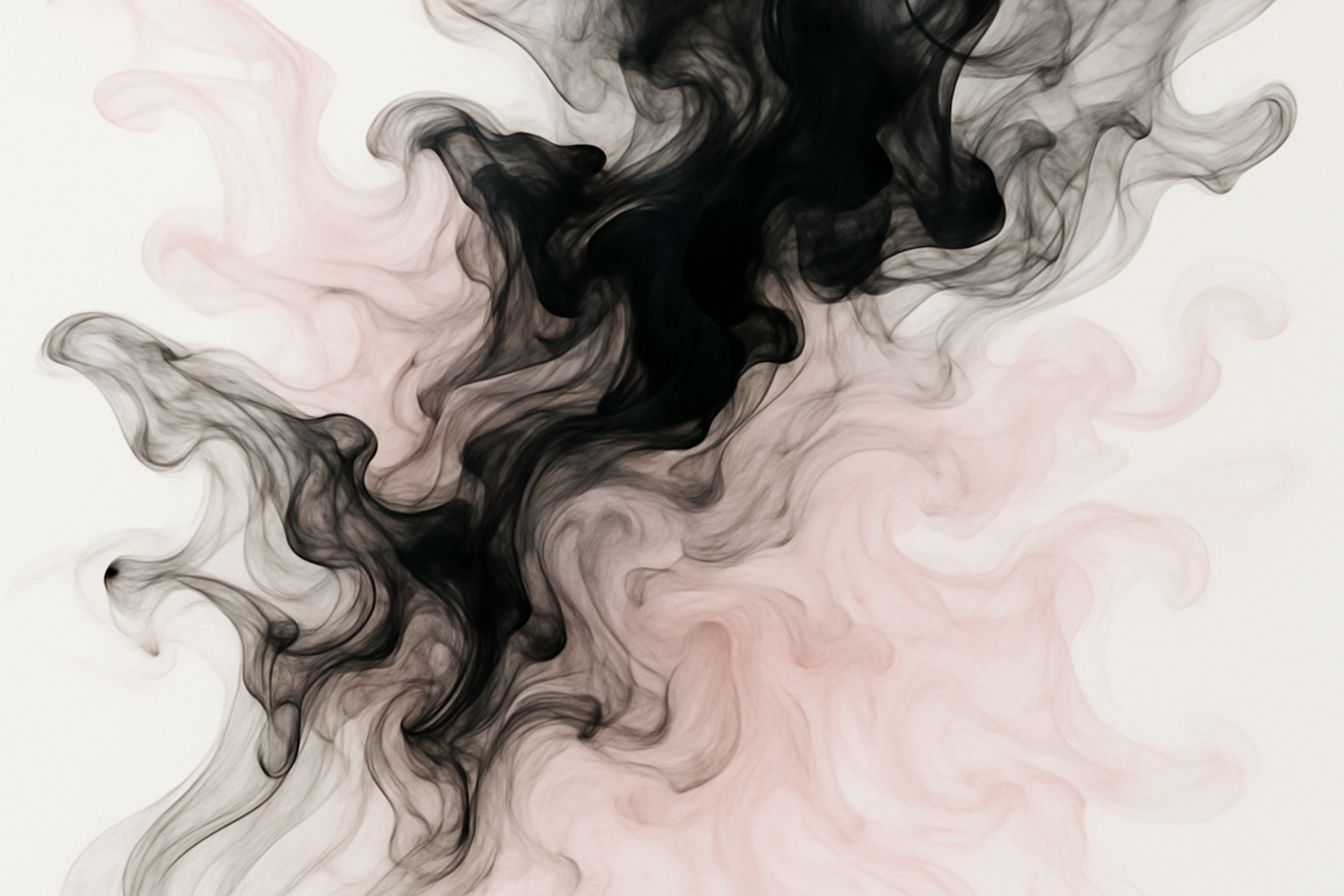 black and light pink paint diluted in water mixing each other in a delicate way, on a white background